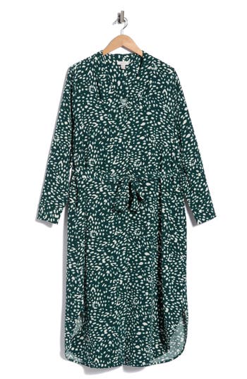 Nordstrom Rack Pleated Tie Waist Long Sleeve Dress In Green Ponderosa Animalia