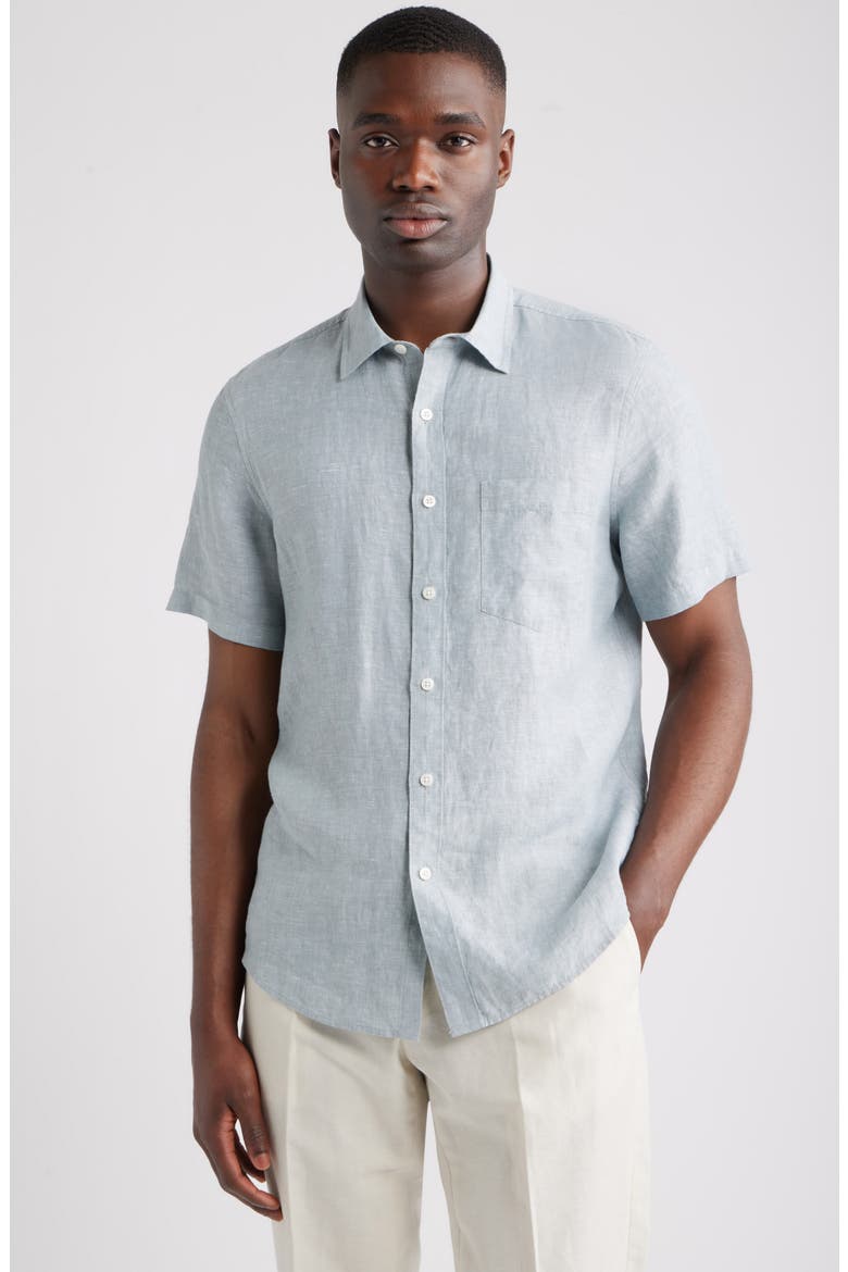 Solid Short Sleeve Linen Button-Up Shirt, Main, color, BLUE SPRUCE - WHITE EOE