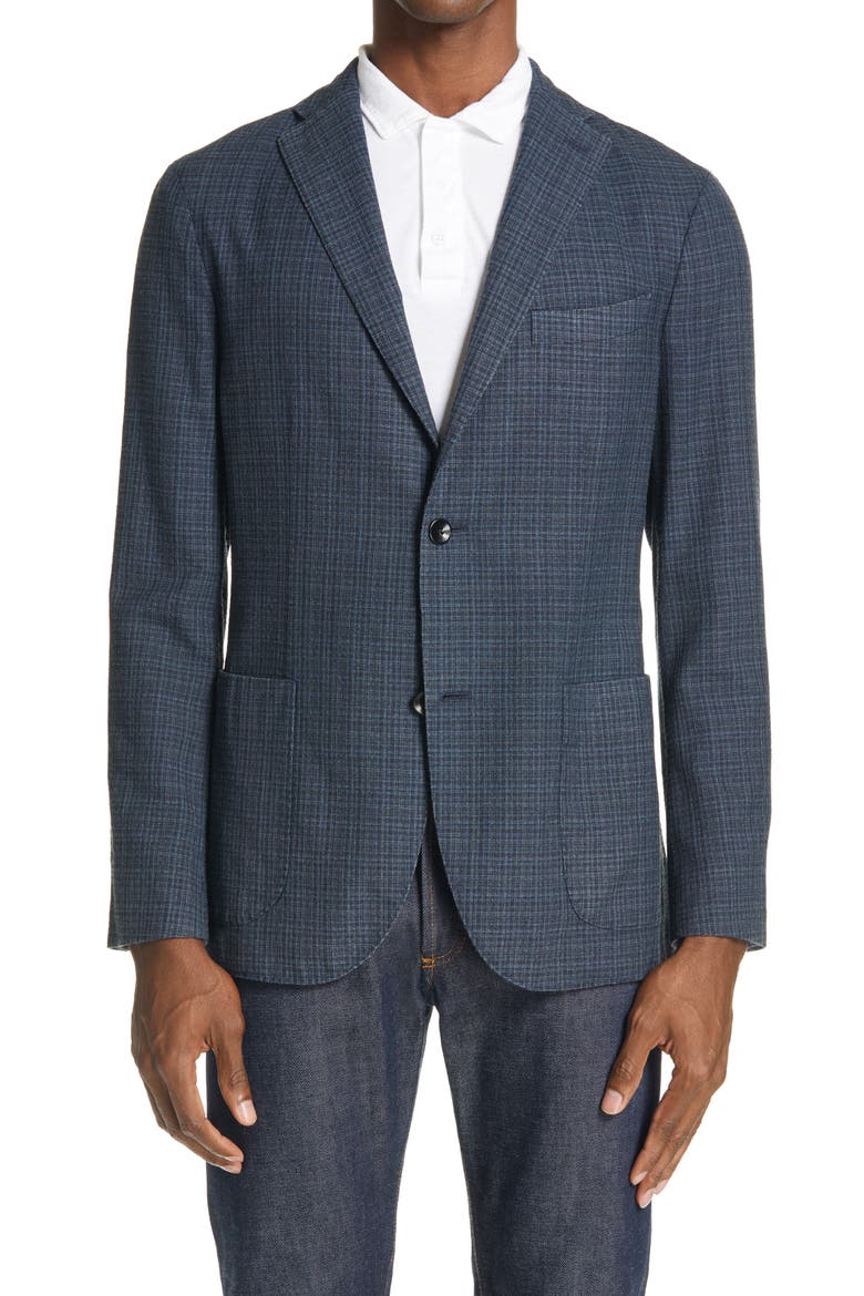 K Micro Check Slim Fit Wool & Silk Blazer, Main, color, DEEP SEA BLUE