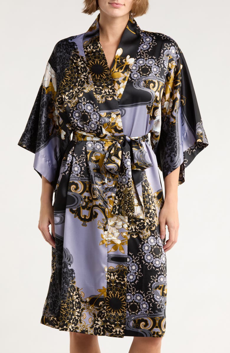 Natori Filigree Satin Robe, Main, color, Silver Black
