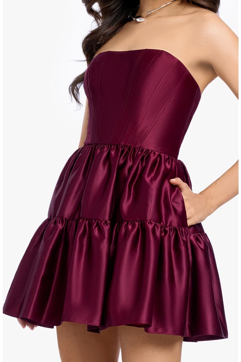Satin Strapless Corset Tiered Cocktail Minidress, Alternate, color, WINE