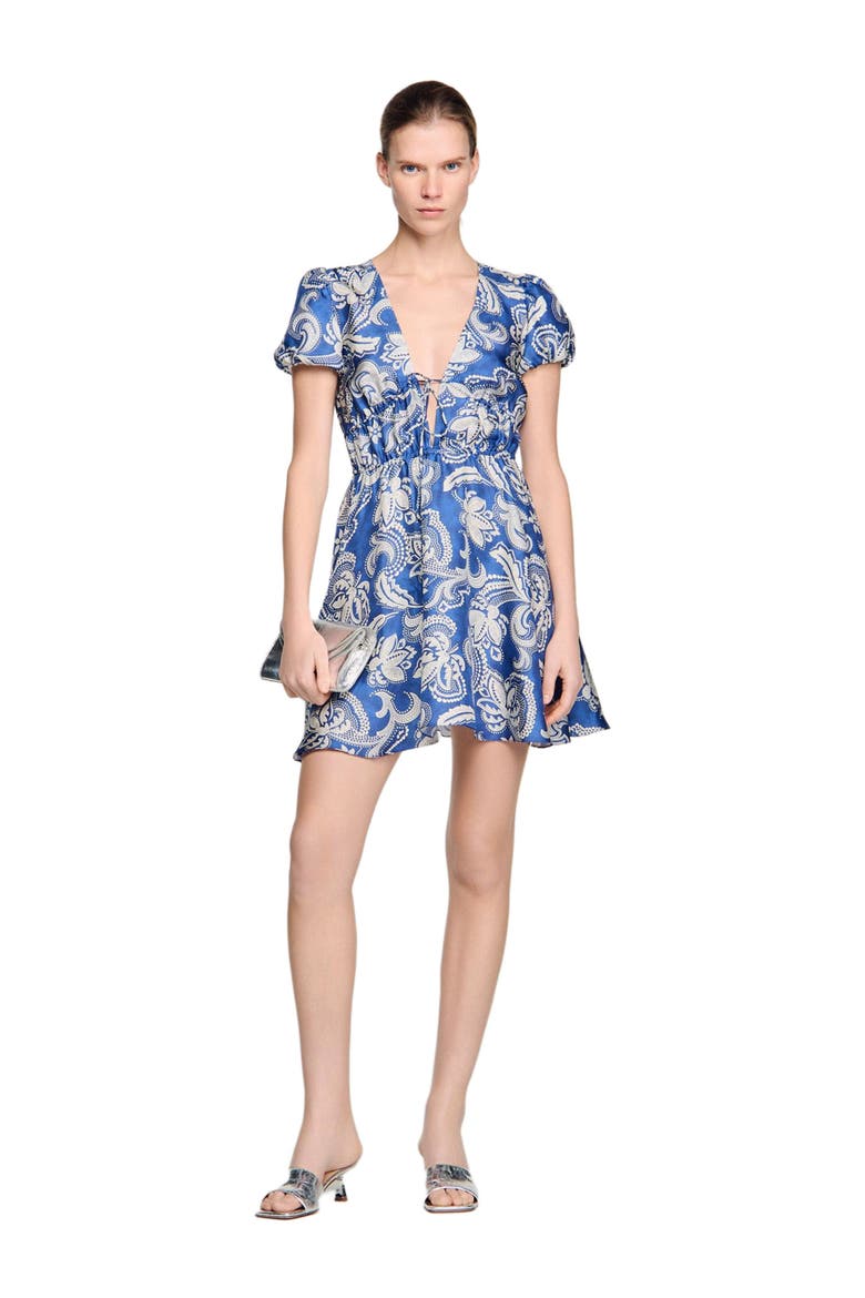 Floral print short dress, Alternate, color, Blue / ecru