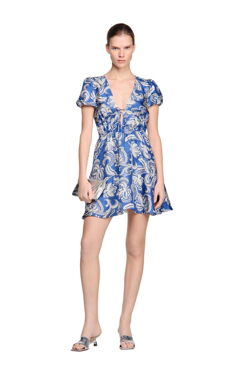 SANDRO Floral print short dress, Alternate, color, Blue / Ecru