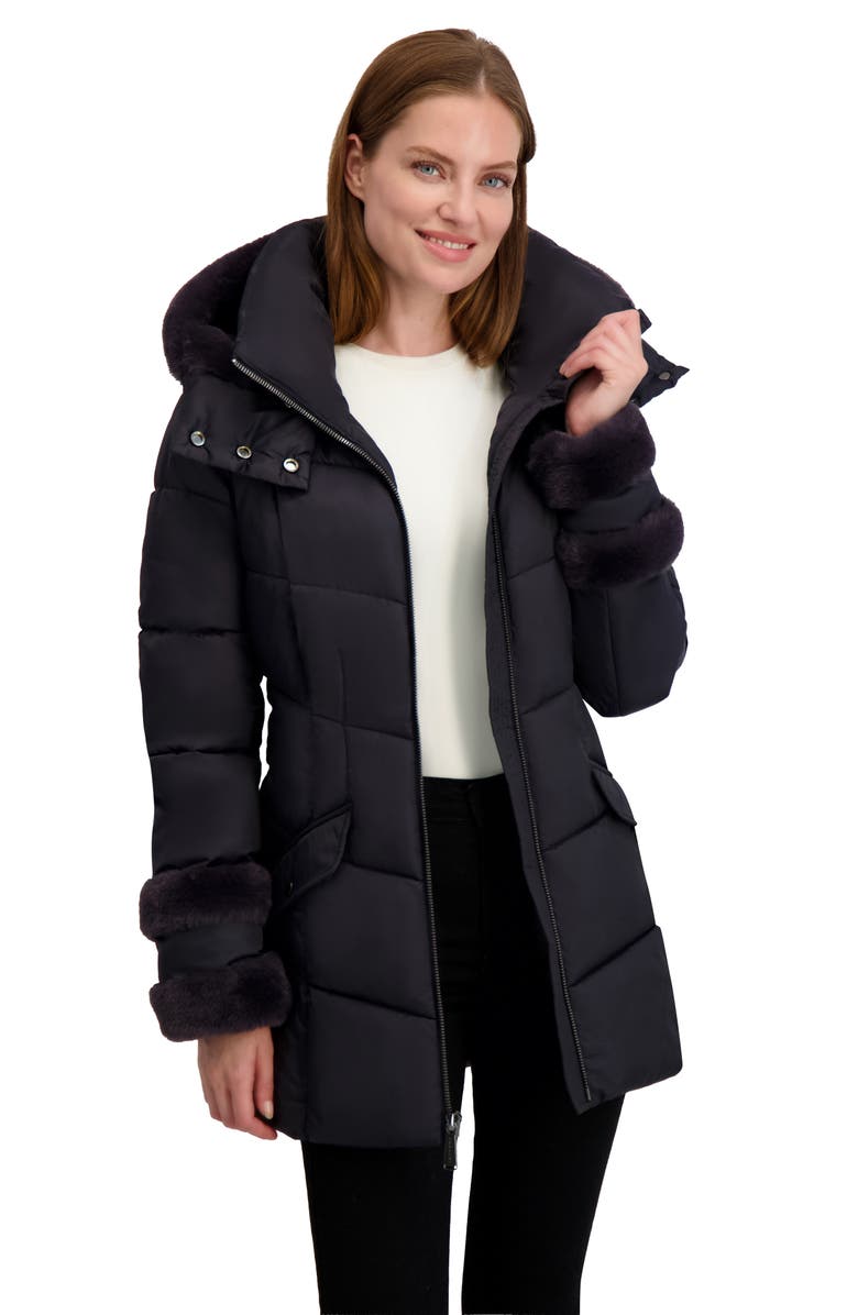 Laundry by Shelli Segal Petal Faux Fur Trim Hooded Puffer Jacket, Alternate, color, Petrol