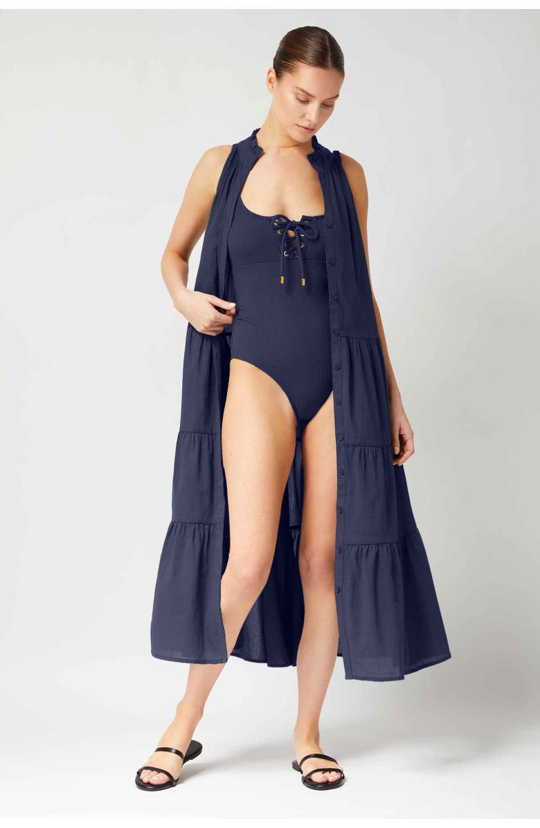 Change of Scenery Tracy Cotton Tiered Midi Shirtdress, Alternate, color, Navy