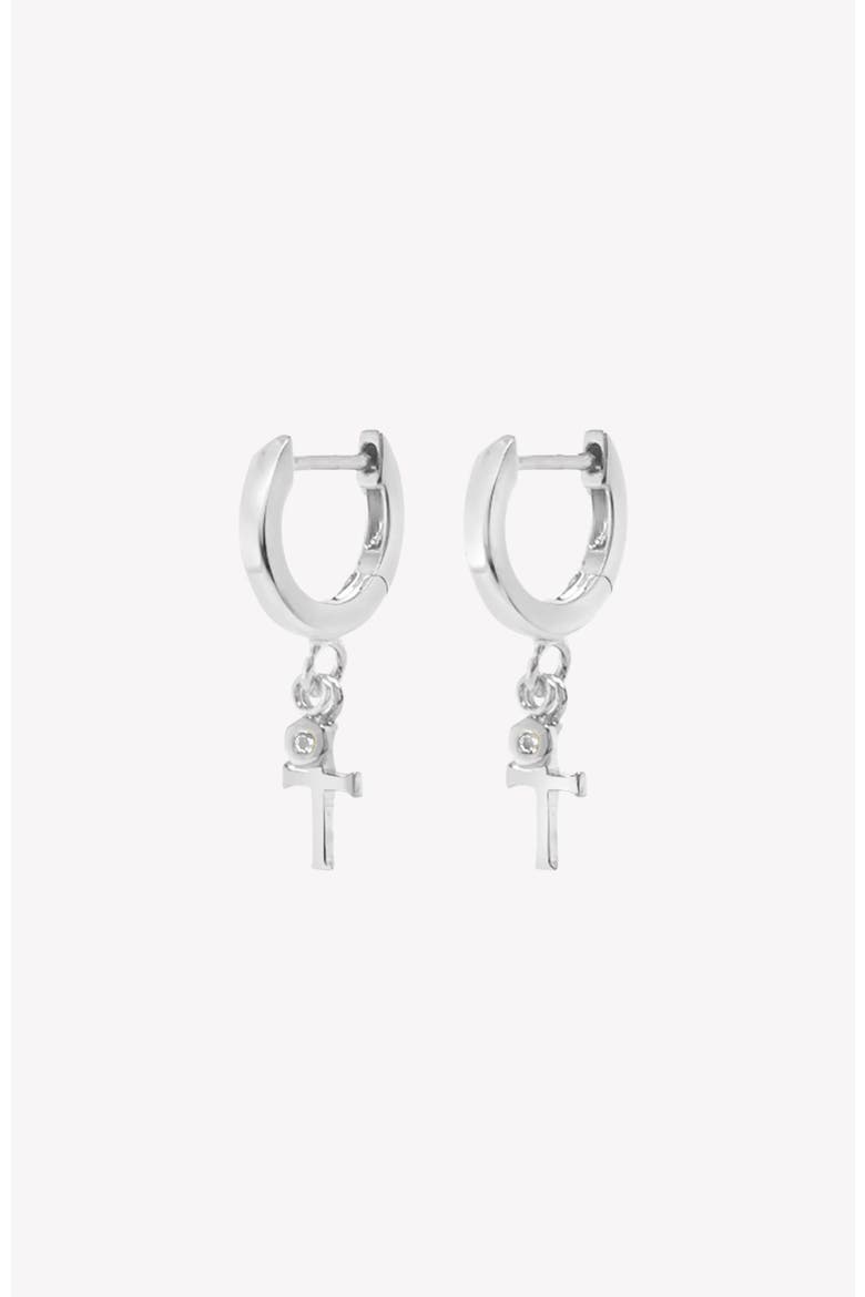 Calvary Cross Huggie Hoop Earrings, Main, color, Sterling Silver