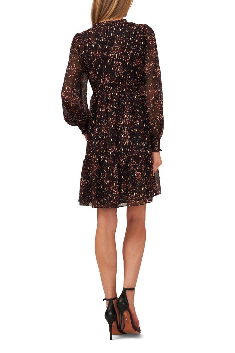Print Smocked Long Sleeve Dress, Alternate, color, RICH BLACK