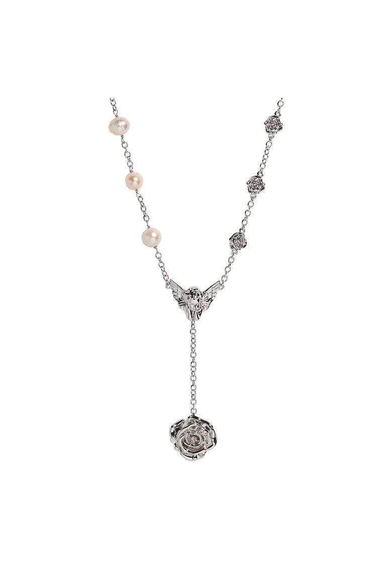 Devotion Cupid Pearl Rose Necklace, Main, color, Silver & White