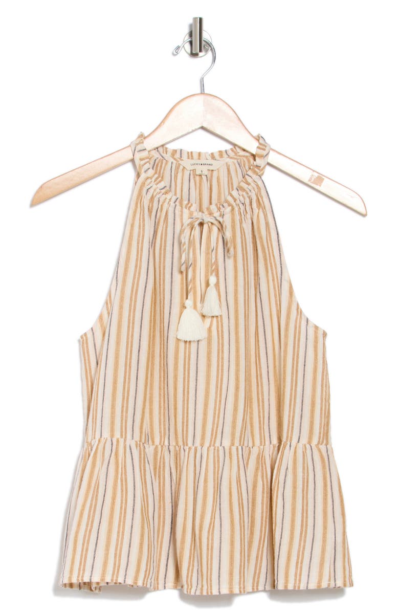 Lucky Brand Tassel Tie Cotton Halter Peplum Top, Alternate, color, Cream Stripe