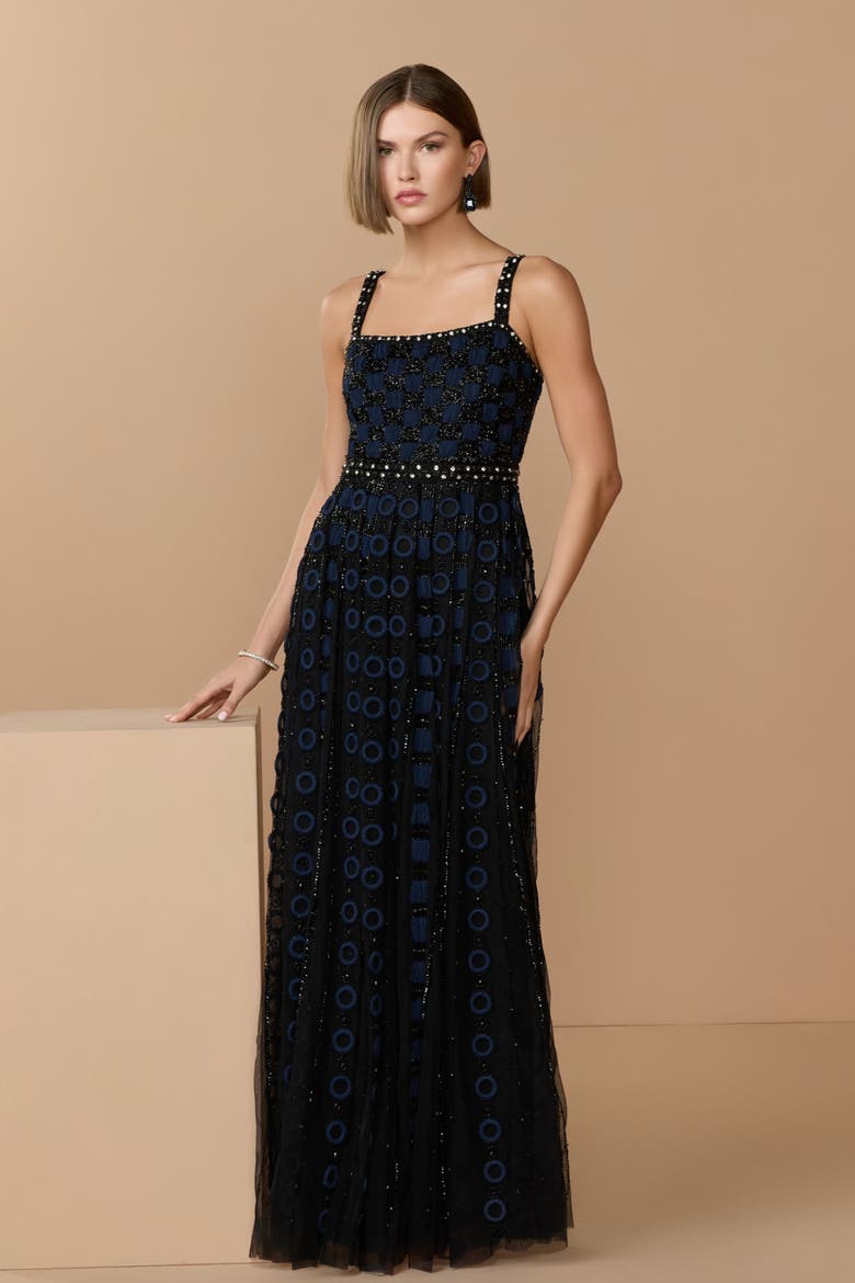Sleeveless Embellished Mesh A-Line Evening Gown, Alternate, color, Black Midnight