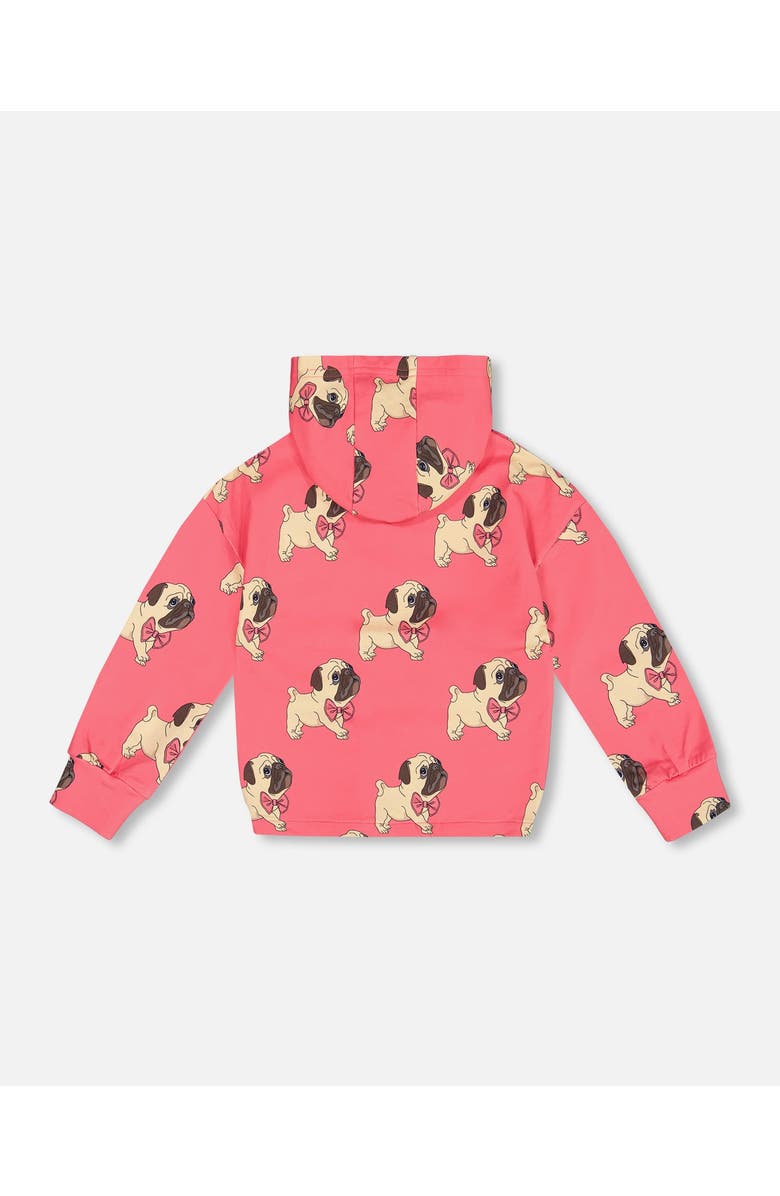 Deux par Deux Girl's Fleece Hooded Cardigan Magenta Printed Pug, Alternate, color, 