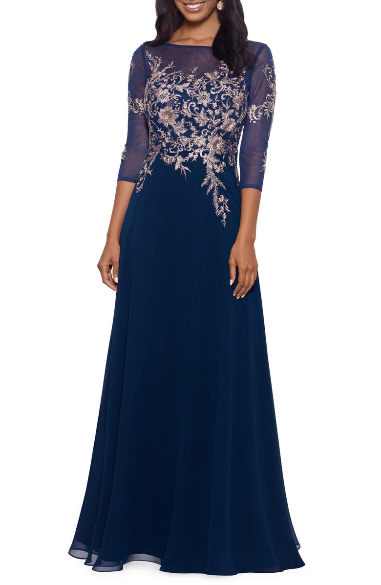 Betsy & Adam Metallic Embroidered Gown, Main, color, Navy/ Rose