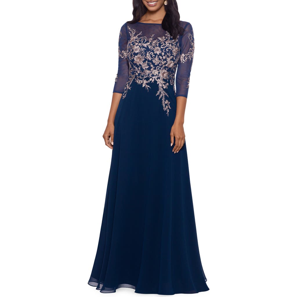 Betsy & Adam Petite Floral-embroidered Mesh Gown In Navy/rose