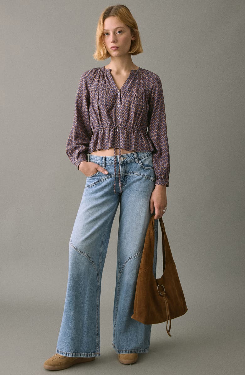 MANGO TEEN Flowy Print Button-Up Shirt, Alternate, color, Dark Navy