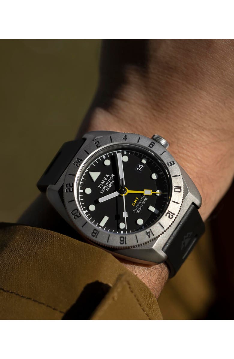 Timex<sup>®</sup> Expedition North<sup>®</sup> GMT Titanium Automatic Silicone Strap Watch, 41mm, Alternate, color, Black
