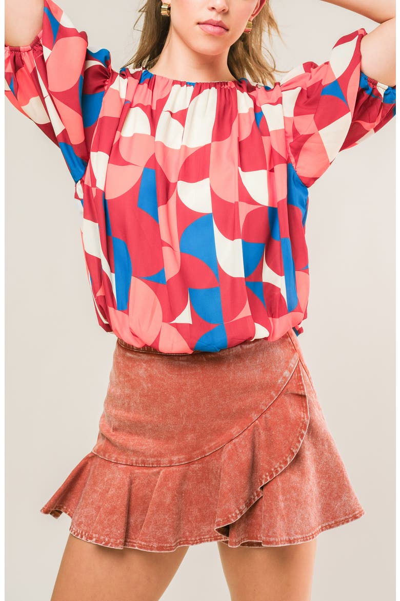 Geometric Print Short Sleeve Blouson Top, Alternate, color, BURGUNDY