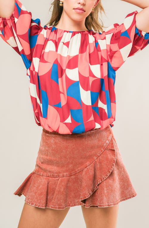 Flying Tomato Geometric Print Short Sleeve Blouson Top In Red