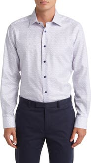 David Donahue Trim Fit Tossed Square Print Dress Shirt