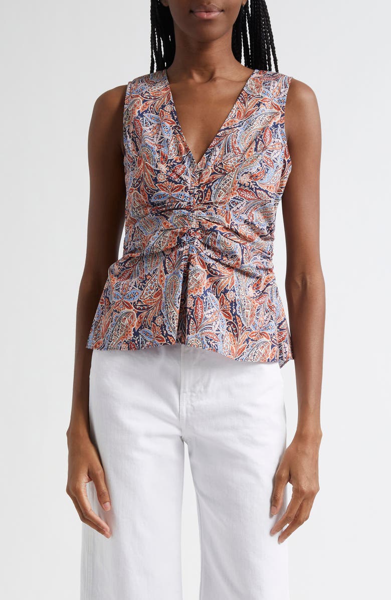 Veronica Beard Aiden Paisley Print Center Ruched Top, Main, color, Navy Multi