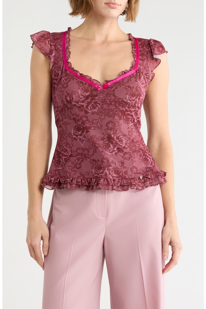 Ruffle Strap Lace Camisole, Main, color, BURGUNDY COMBO
