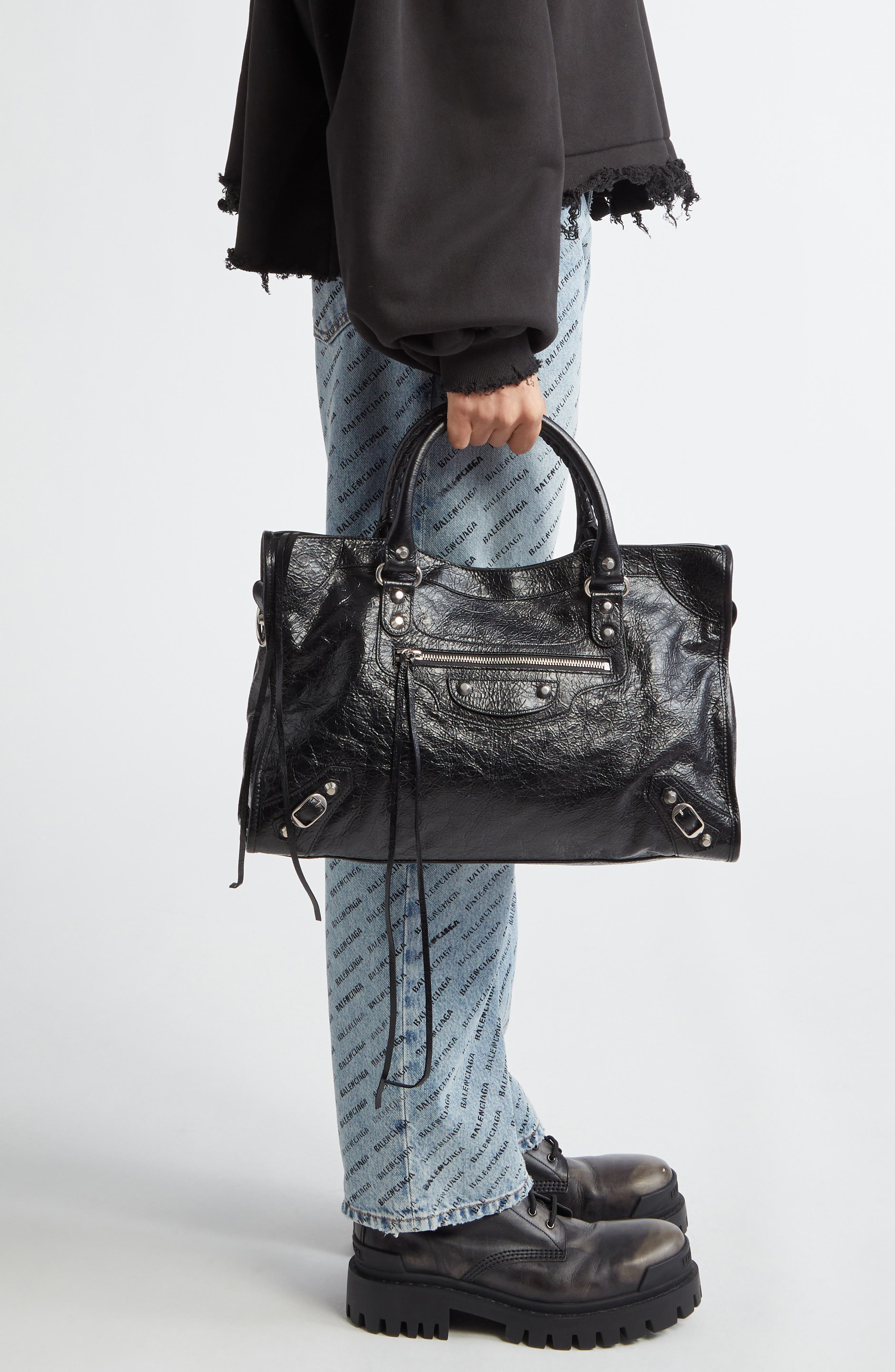 Balenciaga Medium Le City Arena Leather Satchel, Alternate, color, 1000 Black