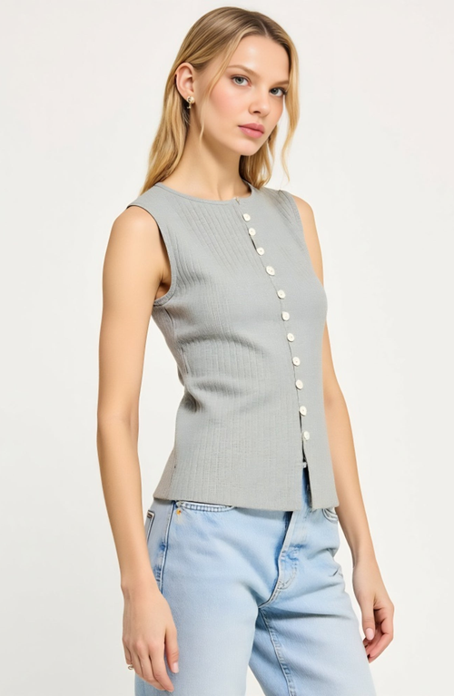 Modenaire Sleeveless Ribbed Knit Top With Off-center Button Front Detail