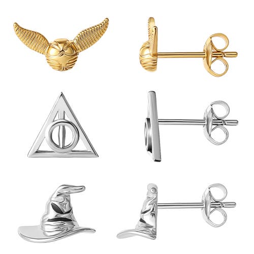 Harry Potter Deathly Hallows And Golden Snitch 18k Gold Or Silver Flash-plated Studs In Gold