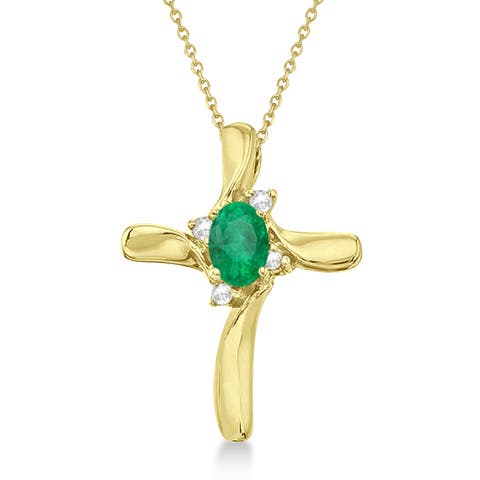 Emerald & Diamond Cross Necklace Pendant 14K 0.50ct