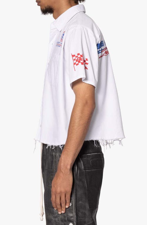 Mnml Shrc Pit Crew Fray Hem Crop Button-up Shirt In White