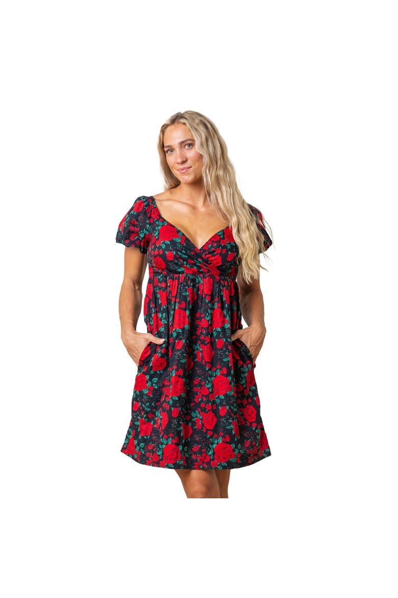 Women's Organic Puff Sleeve Crossover Dress, Main, color, Black Holiday Rose