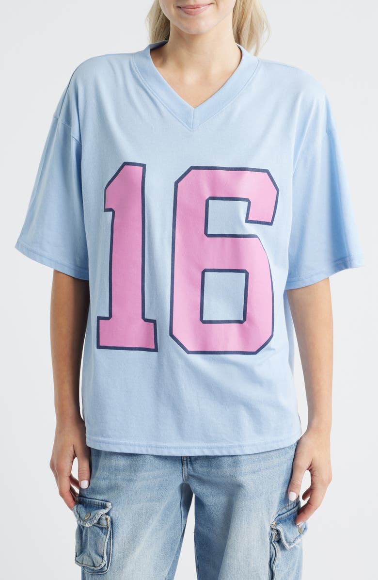 Vinyl Icons 16 Graphic V-Neck T-Shirt, Main, color, Light Blue