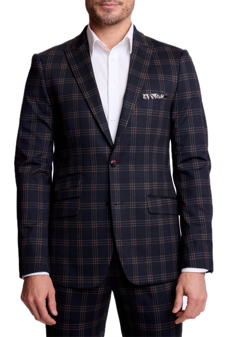 Ashton Slim Peak Lapel Suit Jacket, Main, color, BLACK RED KNIT PLAID