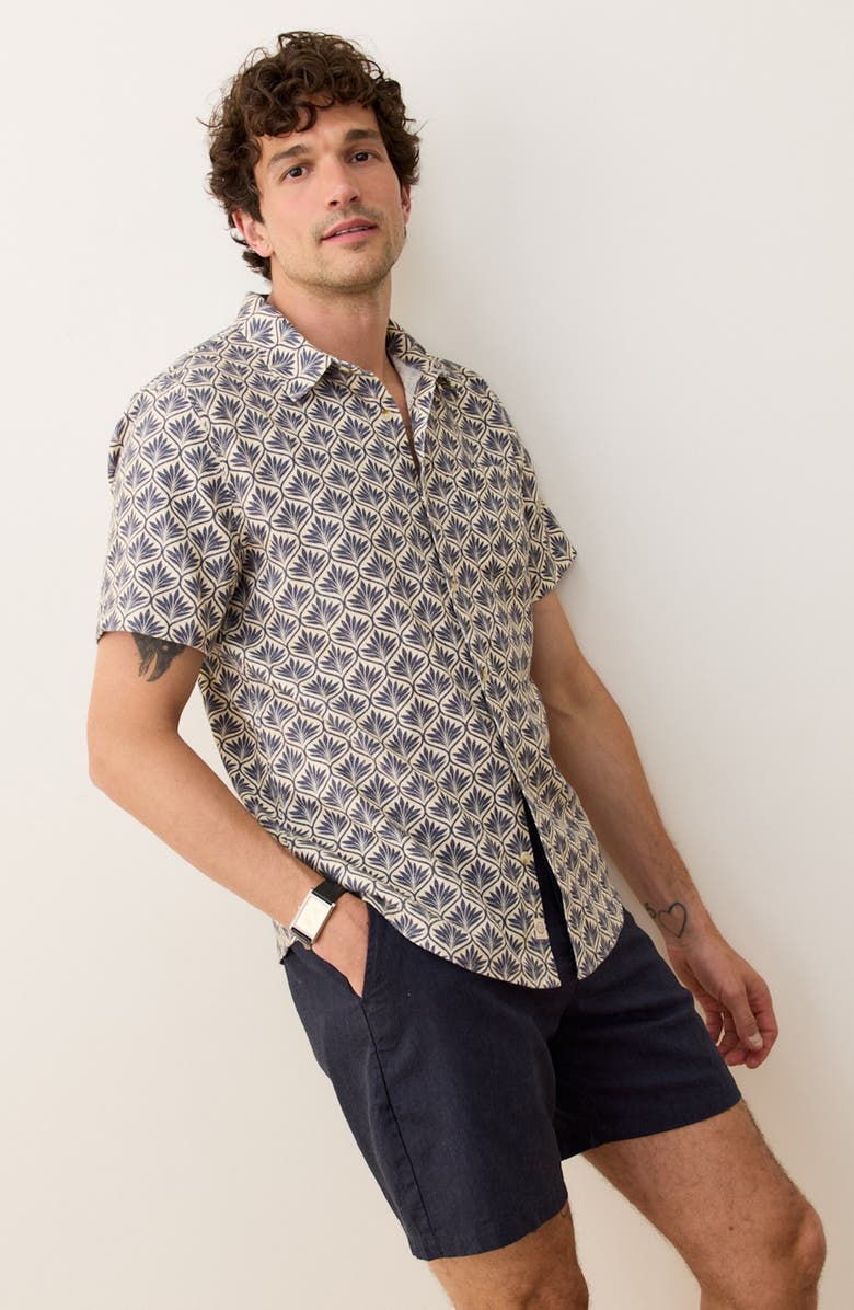 Marine Layer Leaf Print Short Sleeve Stretch Cotton Selvage Button-Up Shirt, Alternate, color, India Ink Agave Print