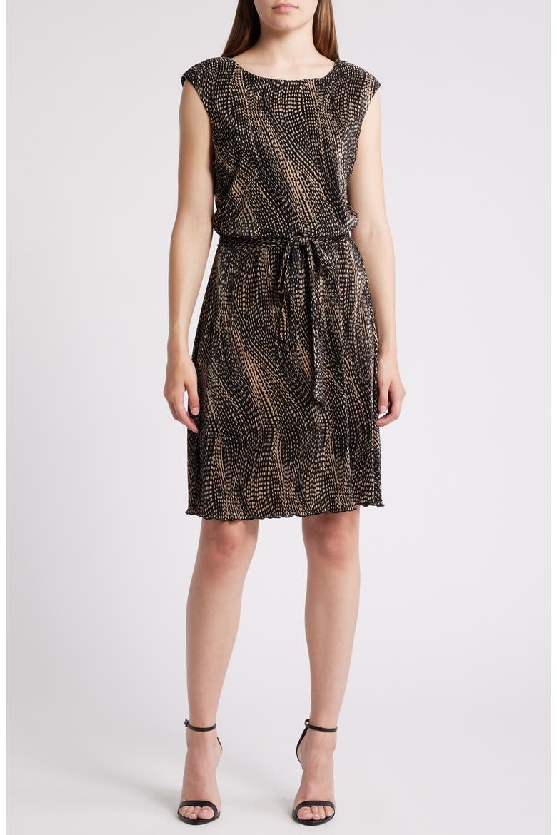 Tie Waist Sleeveless Dress, Main, color, BLACK/ CAMEL