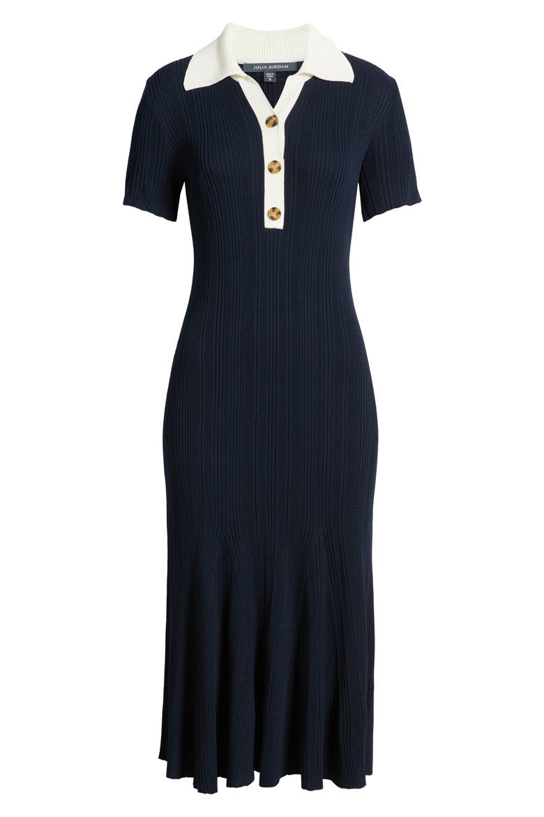 Short Sleeve Rib Polo Sweater Dress, Alternate, color, NAVY/ IVORY