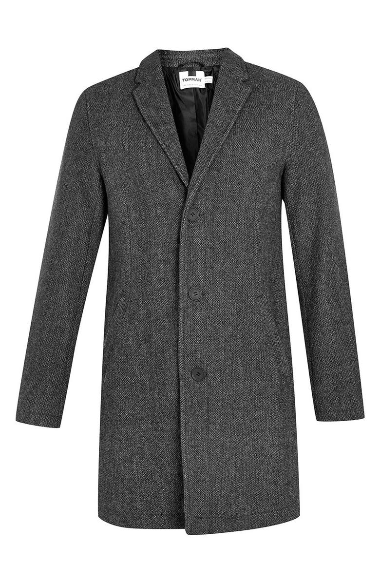 Topman Tweed Wool Blend Topcoat, Alternate, color,