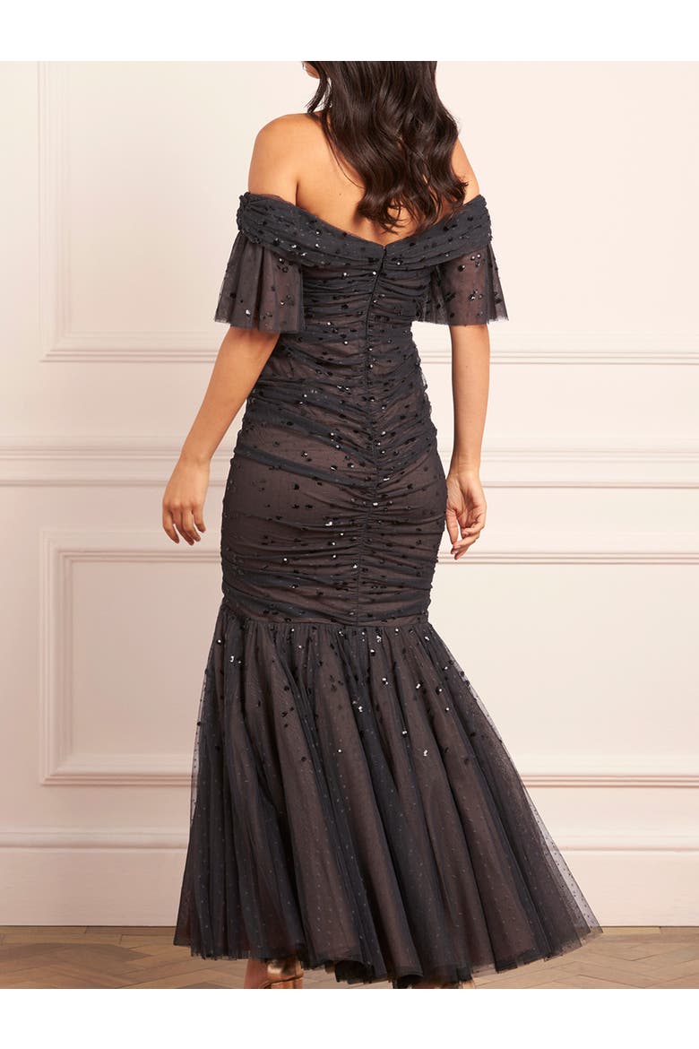 Dappled Sequin Rouched Off-Shoulder Gown, Alternate, color, Graphite/Warm Taupe
