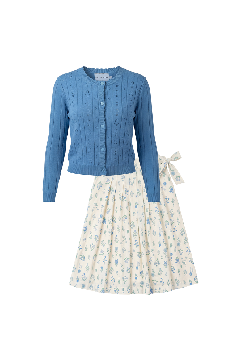 Floral Pointelle Cardigan and Pleated Skirt 2-Piece Set, Main, color, Blue
