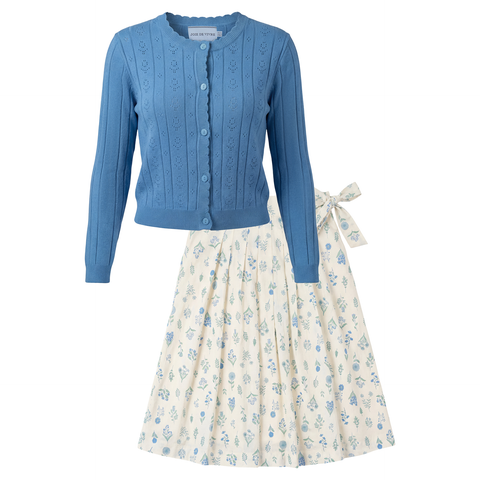 Floral Pointelle Cardigan and Pleated Skirt 2-Piece Set