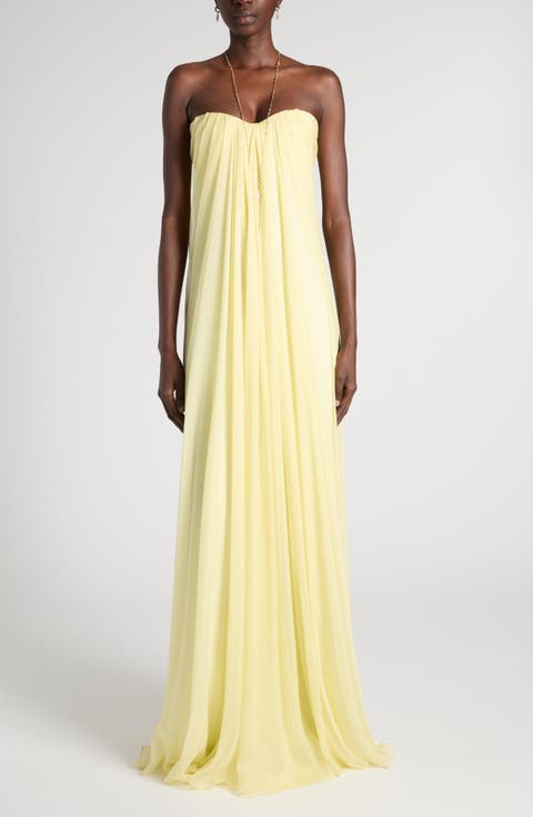 Draped Strapless Silk Chiffon Gown