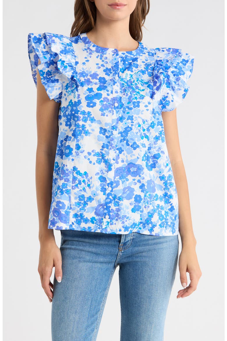 Riona Floral Sammi Cotton Button-Up Shirt, Main, color, WHITE-BLUES-MULTI