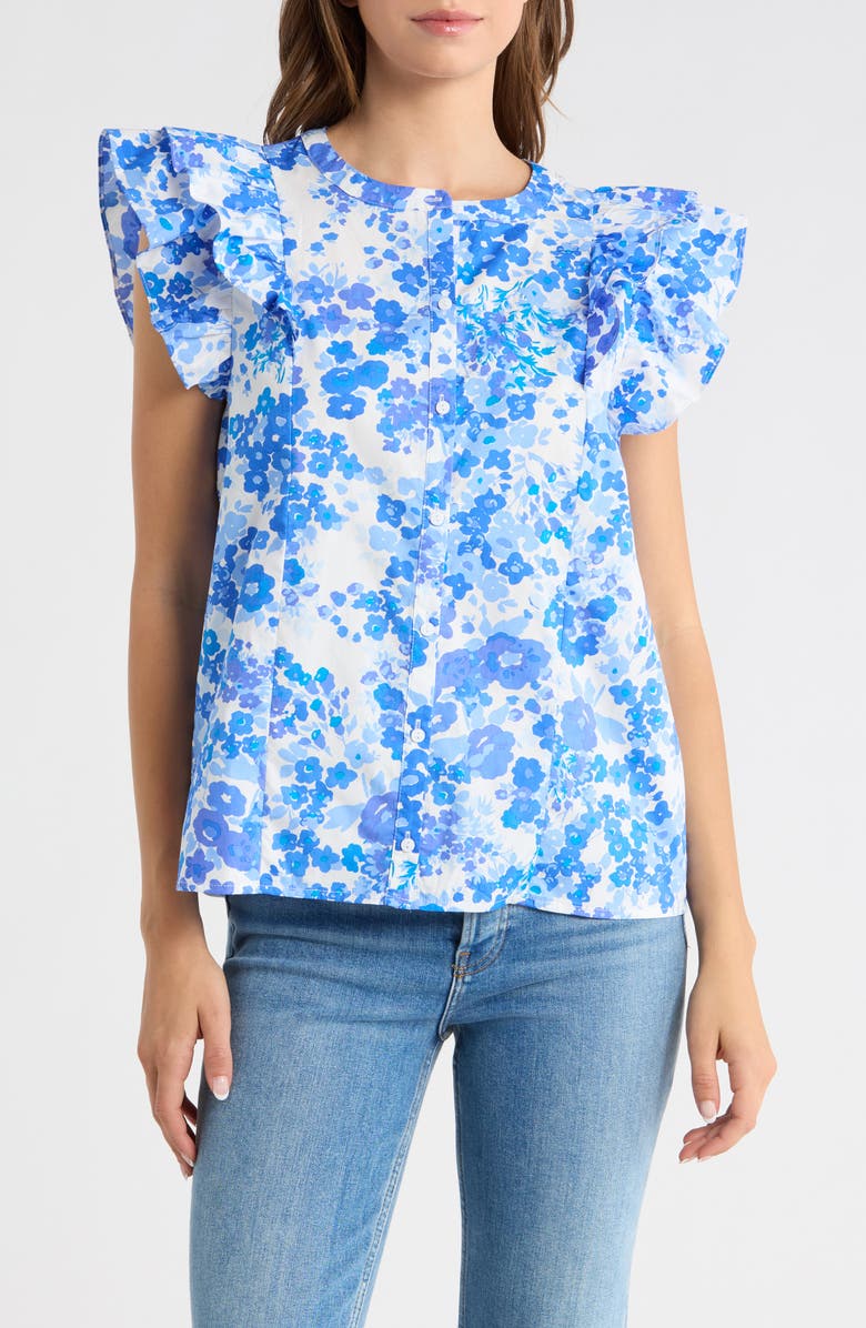 SUGARLIPS Riona Floral Sammi Cotton Button-Up Shirt, Main, color, White-Blues-Multi