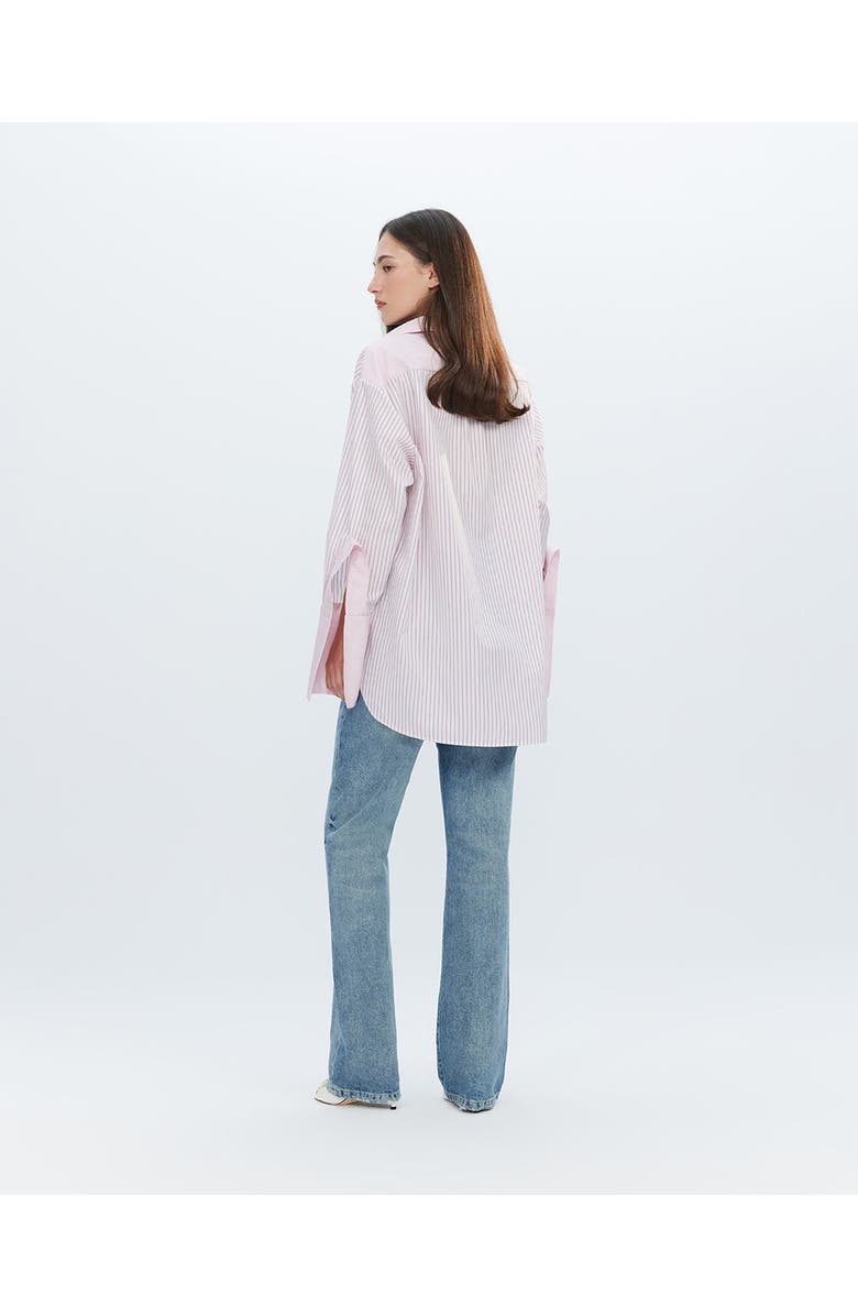 THEO The Label Echo Side Button Boyfriend Stripe Shirt, Alternate, color, Lantana