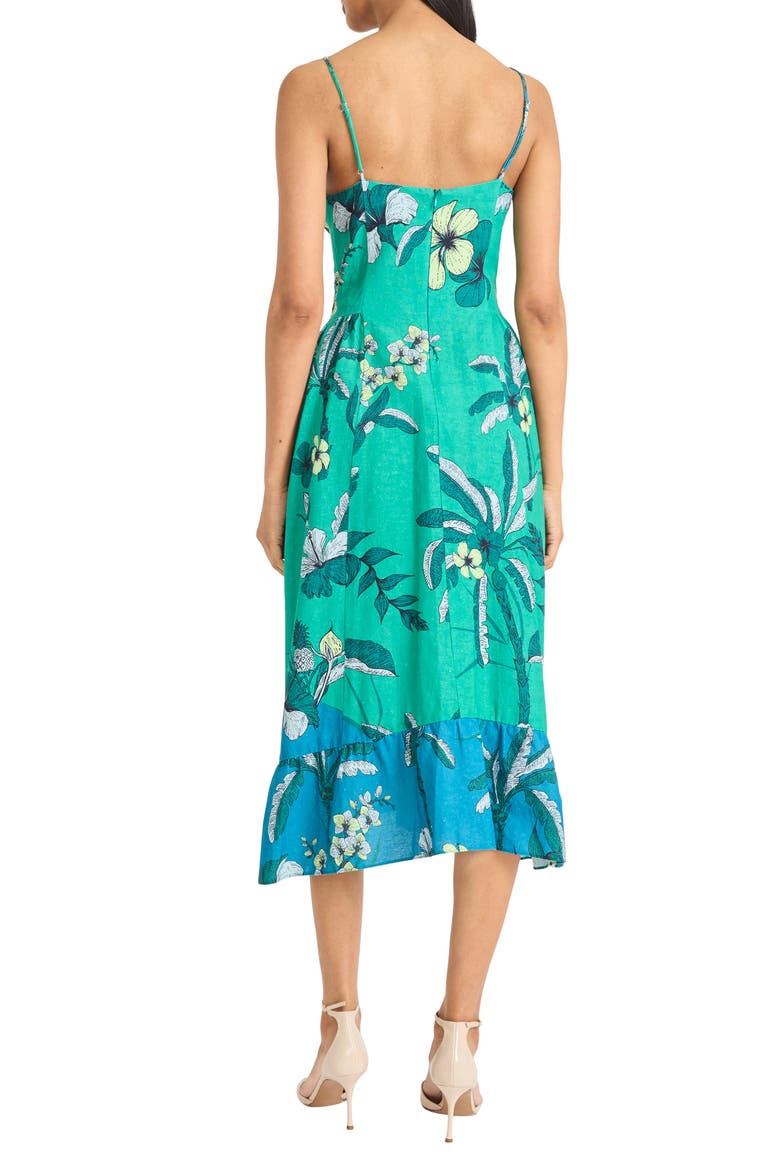 Floral Linen Blend Fit & Flare Midi Dress, Alternate, color, SPECTRUM GREEN/ TEAL BLUE