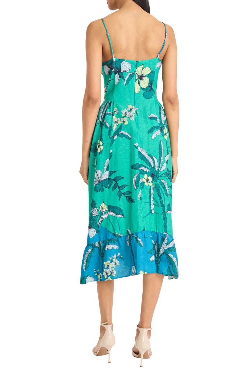 DONNA MORGAN FOR MAGGY Floral Linen Blend Fit & Flare Midi Dress, Alternate, color, Spectrum Green/ Teal Blue