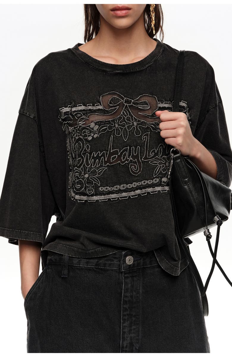 Bimba y Lola Maxi Broderie Anglaise Logo T-Shirt, Alternate, color, Washed Black