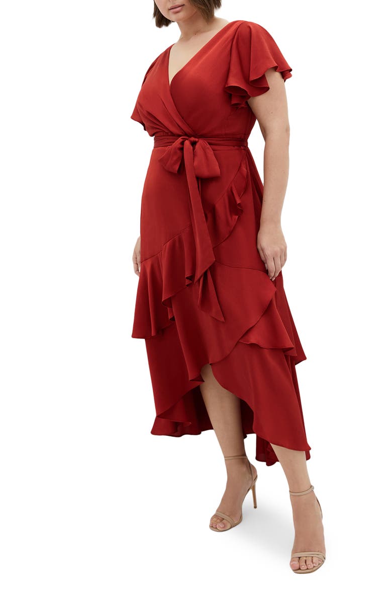 Jen Ruffle Faux Wrap Satin Dress, Alternate, color, TOFFEE