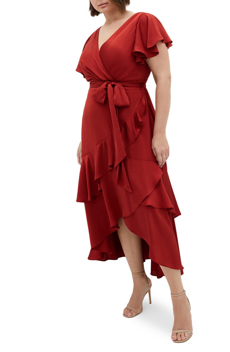 City Chic Jen Ruffle Faux Wrap Satin Dress, Alternate, color,
