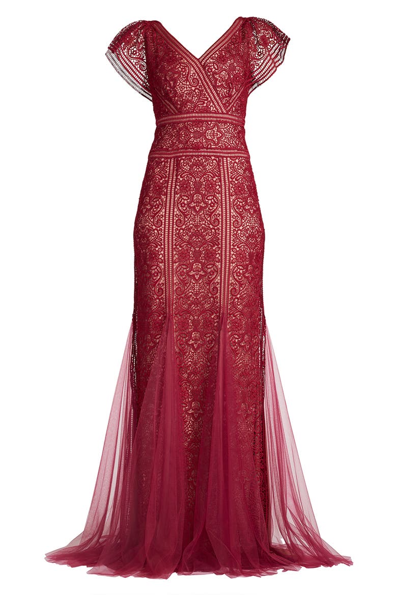 Lace V-Neck Gown, Alternate, color, MIDNIGHT MERLOT