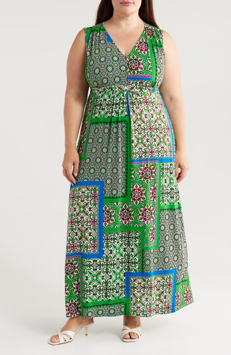 24seven Comfort Apparel Scarf Print Tie Back V-Neck Stretch Dress, Main, color,